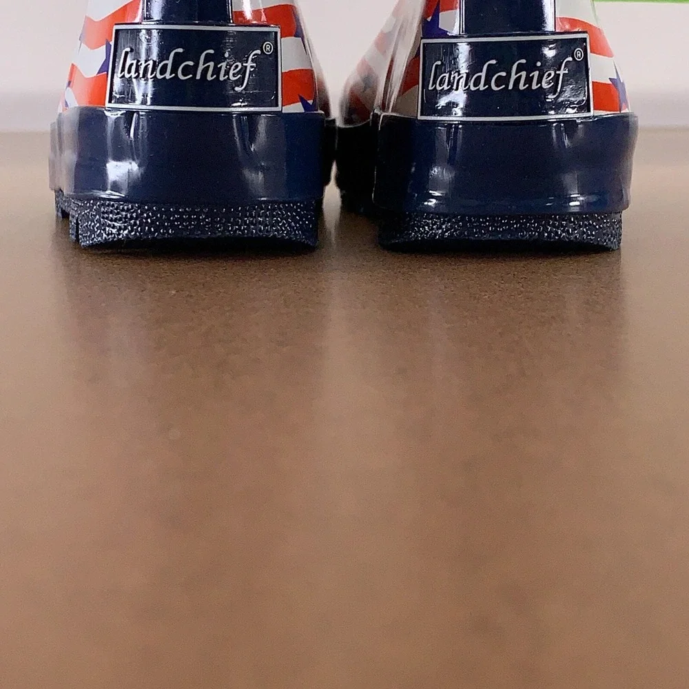 Landchief Kids Shoe Size 9 Red White Blue Striped Rubber Rain Boots NWT